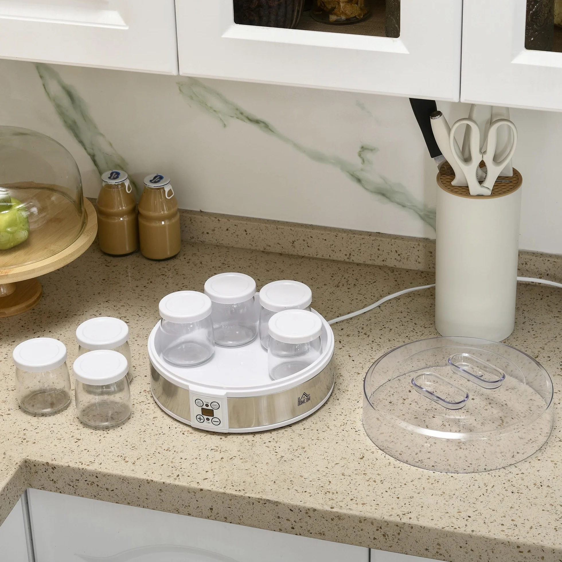 HOMCOM Yaourtière 7 Pots en Verre de 180ml, Machine à Yaourt Électrique en Acier Inoxydable avec Minuterie, Thermostat Réglable et Affichage LED pour Desserts Maison Sains, Blanc
