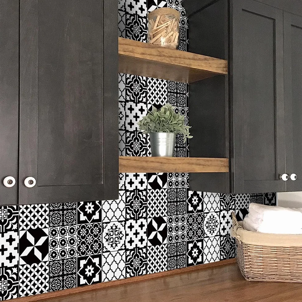 Autocollants de carrelage 3D imperméables 10x10 cm noir et blanc écailles de poisson pour cuisine salle de bain