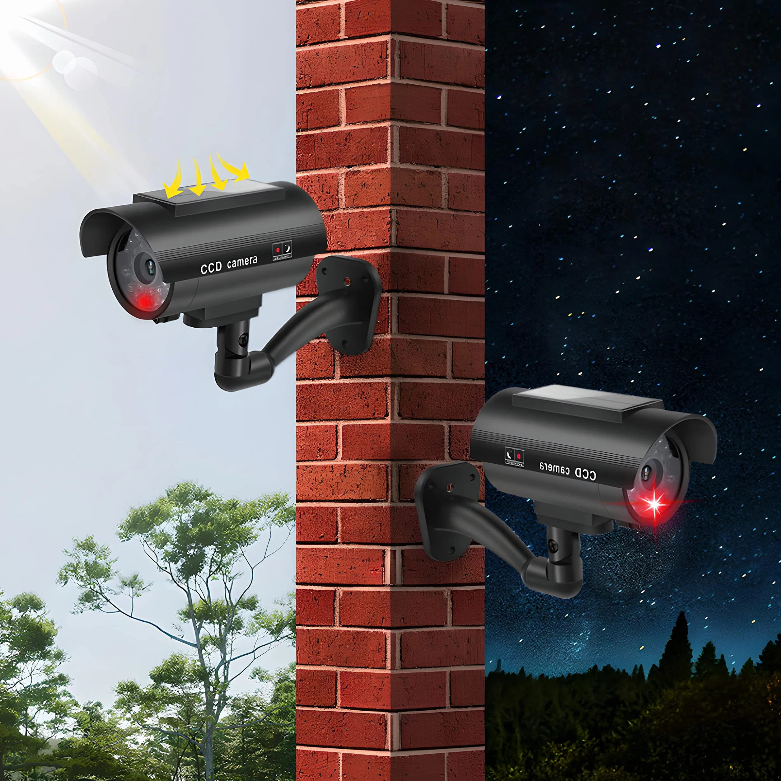 Retoo Atrapa Kamery Solarna Kamera Bezpieczeństwa do Użytku na Zewnątrz i Wewnątrz Bezprzewodowa Kamera CCD z Migającą Diodą LED Odporna na Działanie Warunków Atmosferycznych Czarna