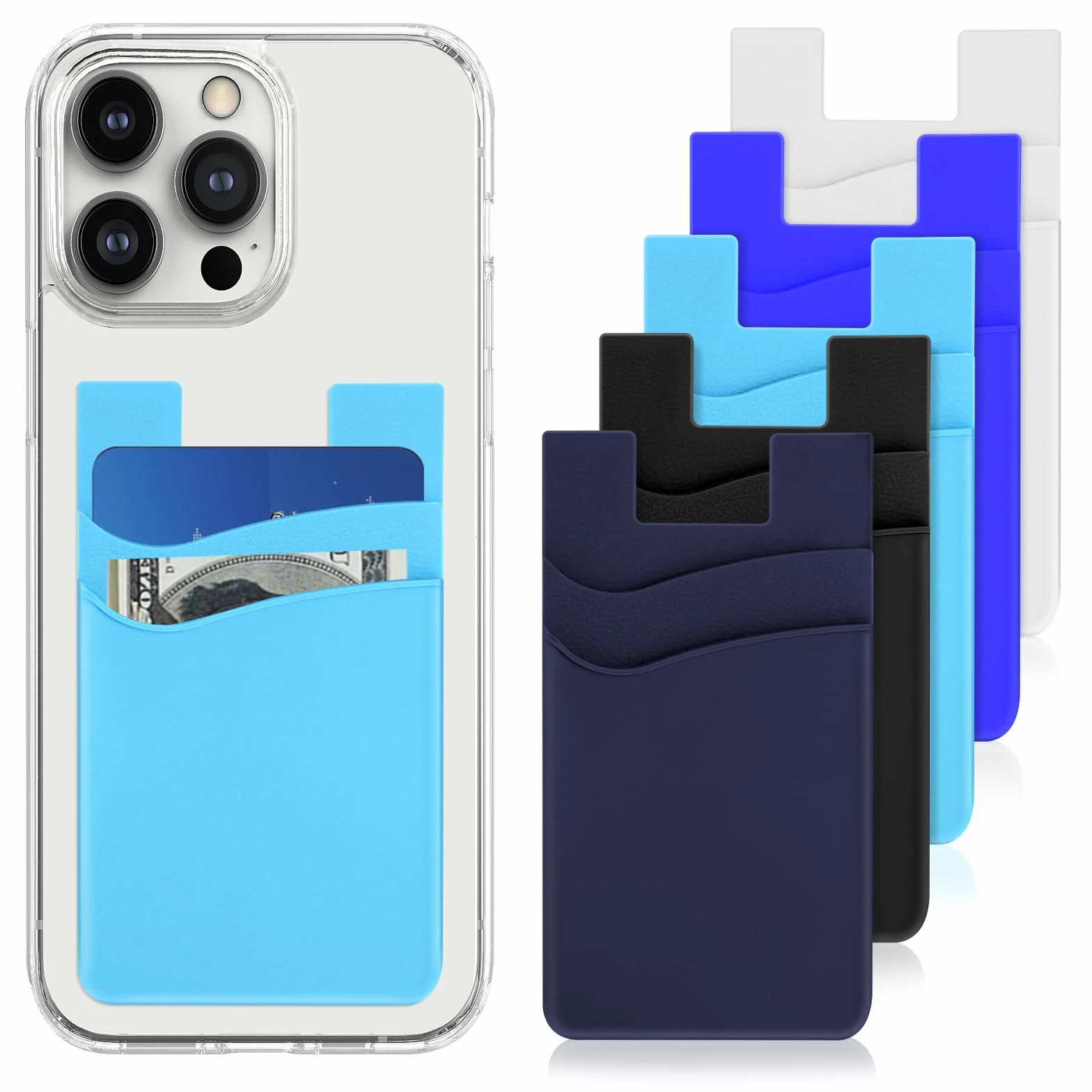 Andibro 5-pak etui na karty do etui na telefon, silikonowy portfel na telefon, samoprzylepny portfel na telefon komórkowy, samoprzylepne etui na karty kredytowe, wytrzymałe, z podwójną kieszenią,