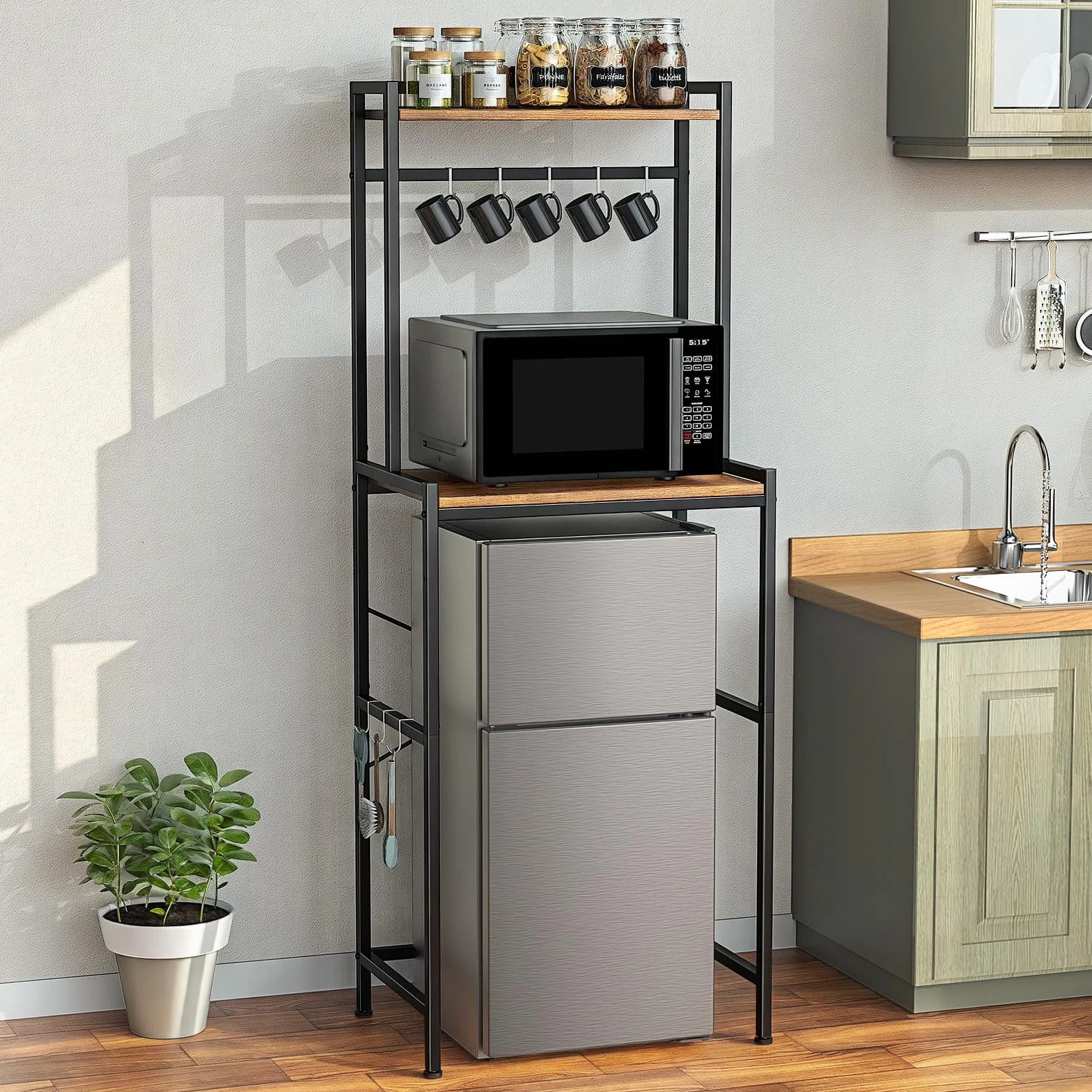 Housolution Support pour Mini Réfrigérateur avec Rangement, Support de Micro-Ondes à 2 Niveaux Etagère Mini Frigo Réglable en Hauteur Étagère de Boulanger avec 8 Crochets pour Dortoir, Brun