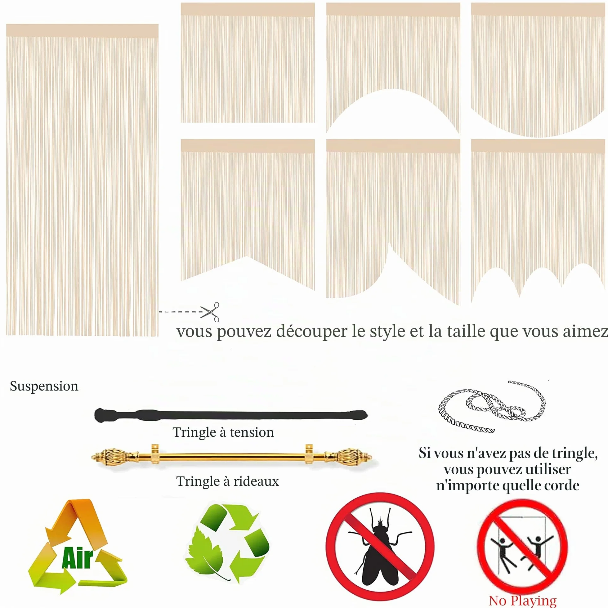 Taiyuhomes Rideau à cordes spaghetti 90x200cm beige grille moustiquaire fenêtre porte