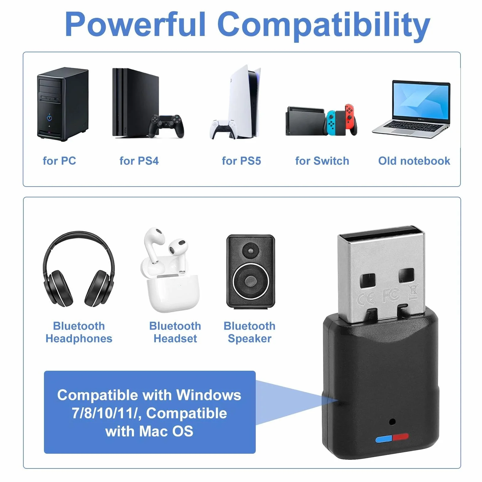 Adapter USB Bluetooth 5.3 do PS4/PS5/PC, odbiornik Bluetooth, transmiter, Dongle USB Audio Adapter Bluetooth Audio Adapte 3 Mbit/s transmiter, odbiornik kompatybilny z konsolą Switch/PS5/PS4