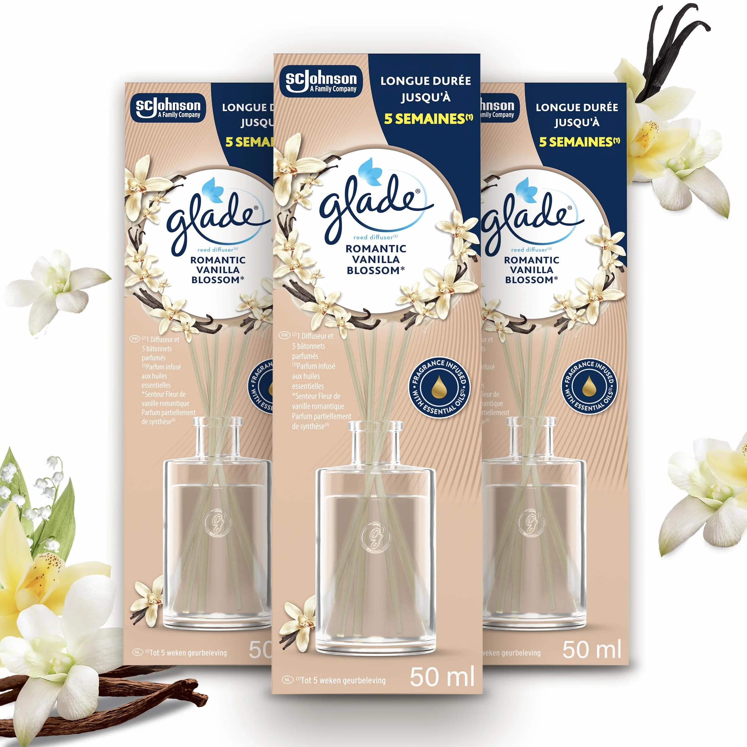 Glade Bâtonnets Diffuseur de Parfum aux Huiles Essentielles Romantic Vanilla Blossom 3x50ml