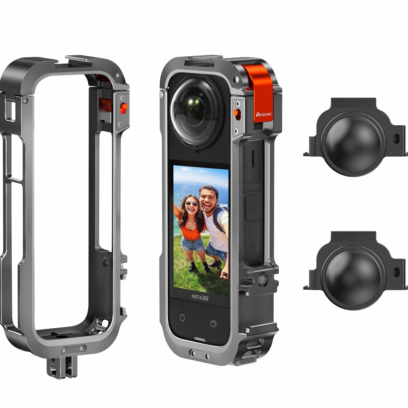 AMAZEAR Metalowa obudowa ochronna na akcesoria Insta360 X4, ulepszona aluminiowa klatka szybkiego uwalniania Insta 360 X4 mocniejsza konstrukcja, wielofunkcyjna ramka z osłoną obiektywu