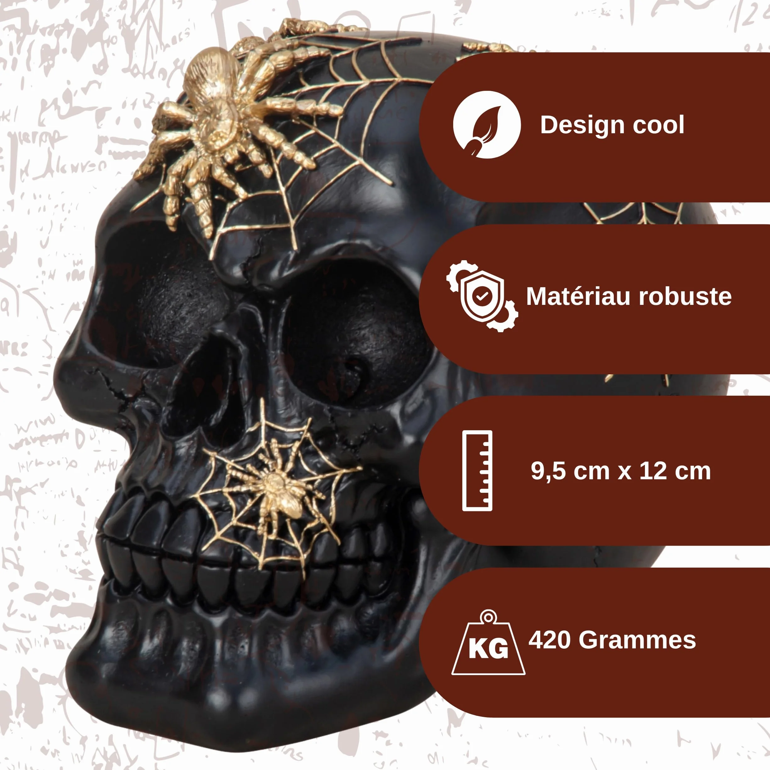 Tête de mort décorative noire avec araignées Crâne Dark Romance squelette Décoration Halloween gothique Jour des morts