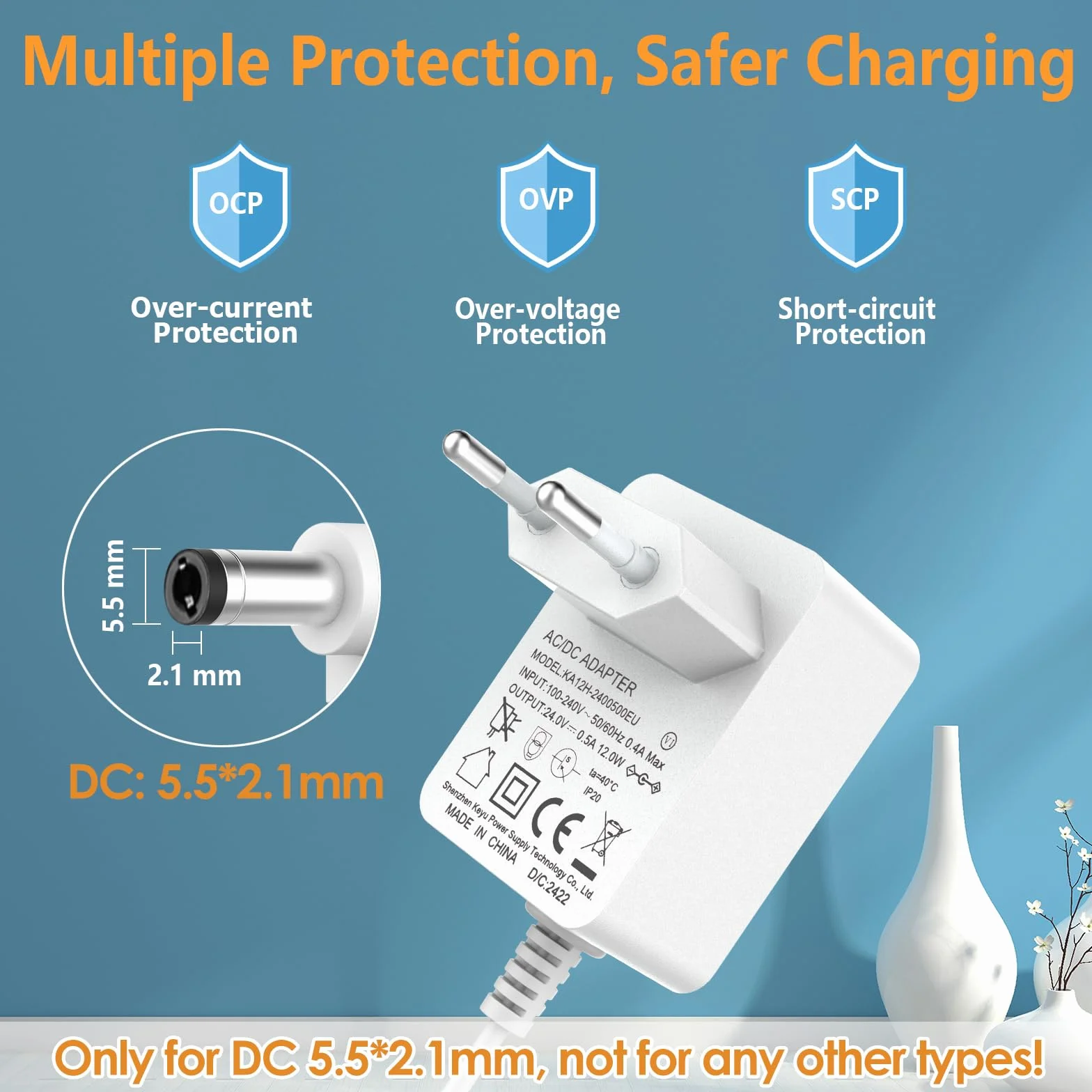 Adaptateur 24V 0.5A Chargeur pour Diffuseurs d'Huiles Essentielles 1.5M DC 5.5*2.1mm