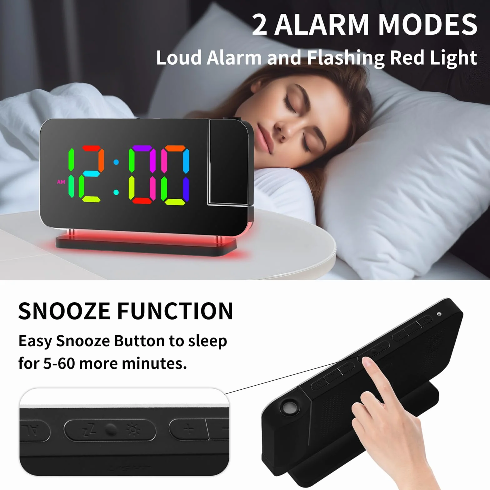 Cuteefun Reveil Projecteur Plafond, Affichage RVB 11 Couleurs, 6 Niveaux Luminosité, Port USB C/A