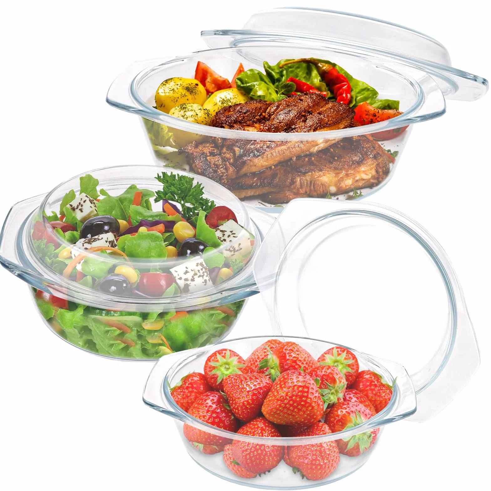 DAJAVE Lot de 3 couvercles ronds en verre avec couvercle et poignées pour salade de fruits, viande