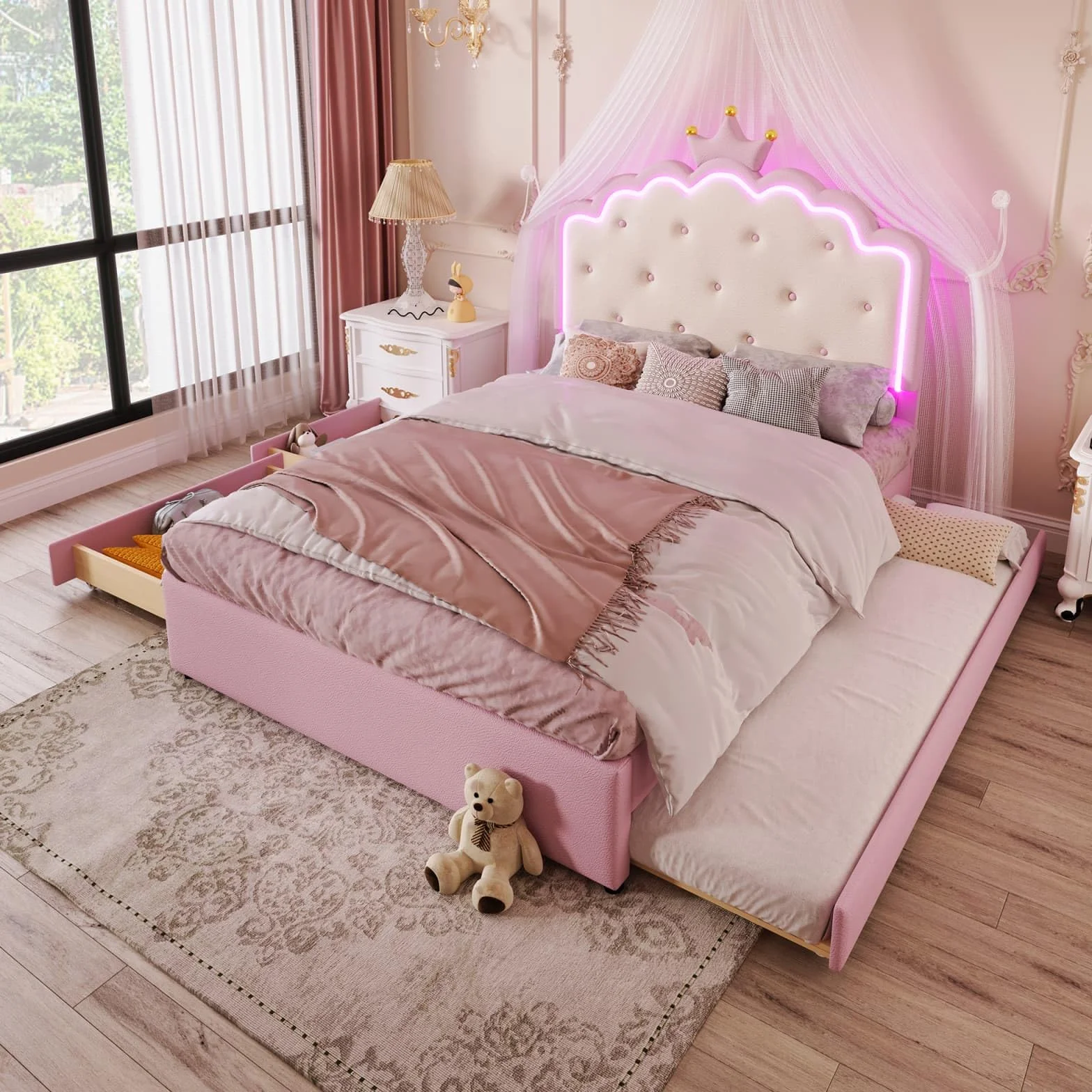 PUGSDRLY Lit Enfant 140x200cm avec lit gigogne et 2 Tiroirs,Lit Fille avec Tête en Forme de Couronne et Bande LED,Cadre avec Sommier à Lattes,matériau PU,sans Matela (Rose-C, 140x200)