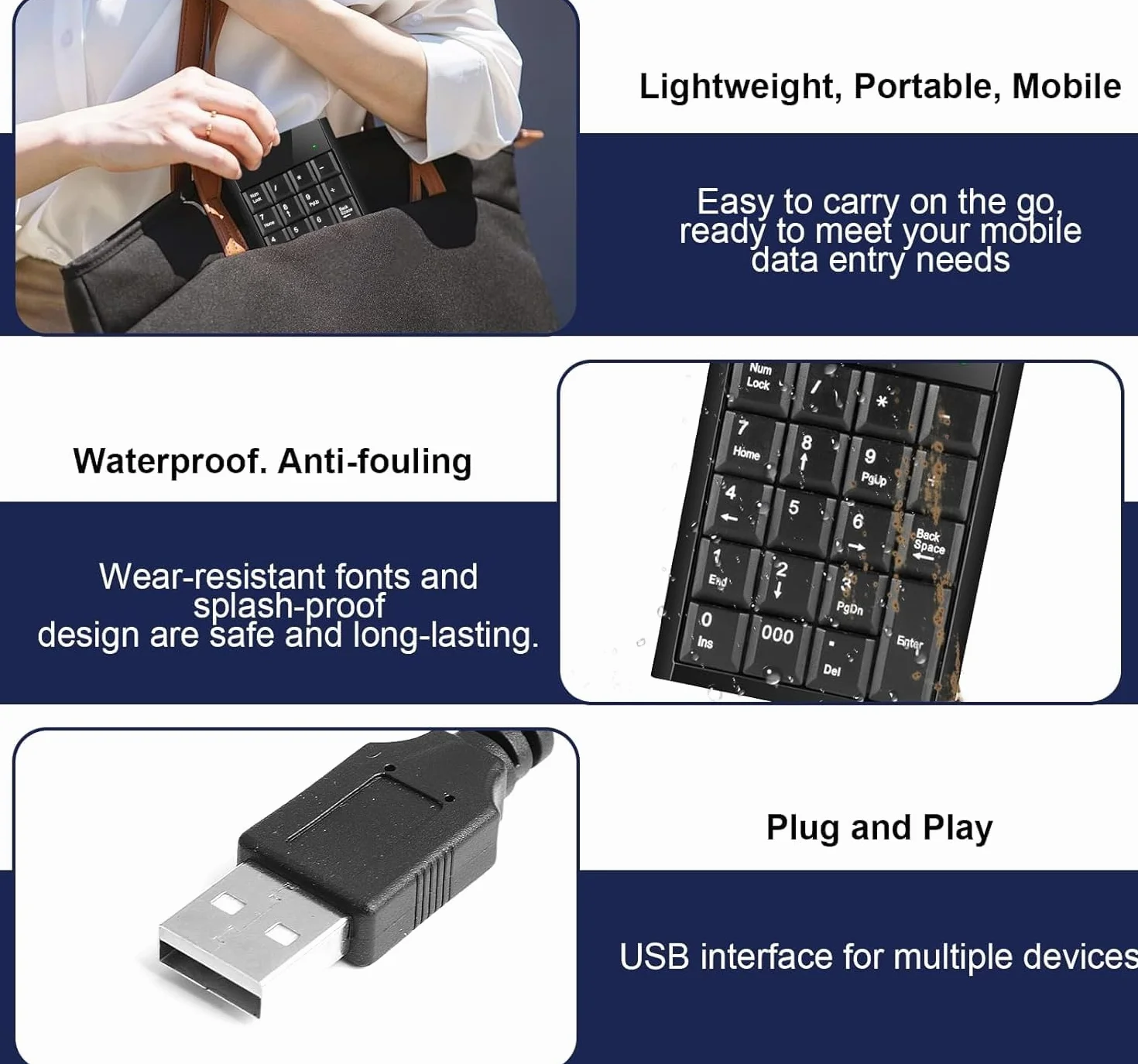 Wodoodporne Klawiatury Numeryczne USB, Klawiatura Numeryczna 19 Mini Klawiatura USB Obsługuje Każdy System Dla Laptopa, Komputera, Komputera Stacjonarnego, Notebooka, Laptop, Czarnego