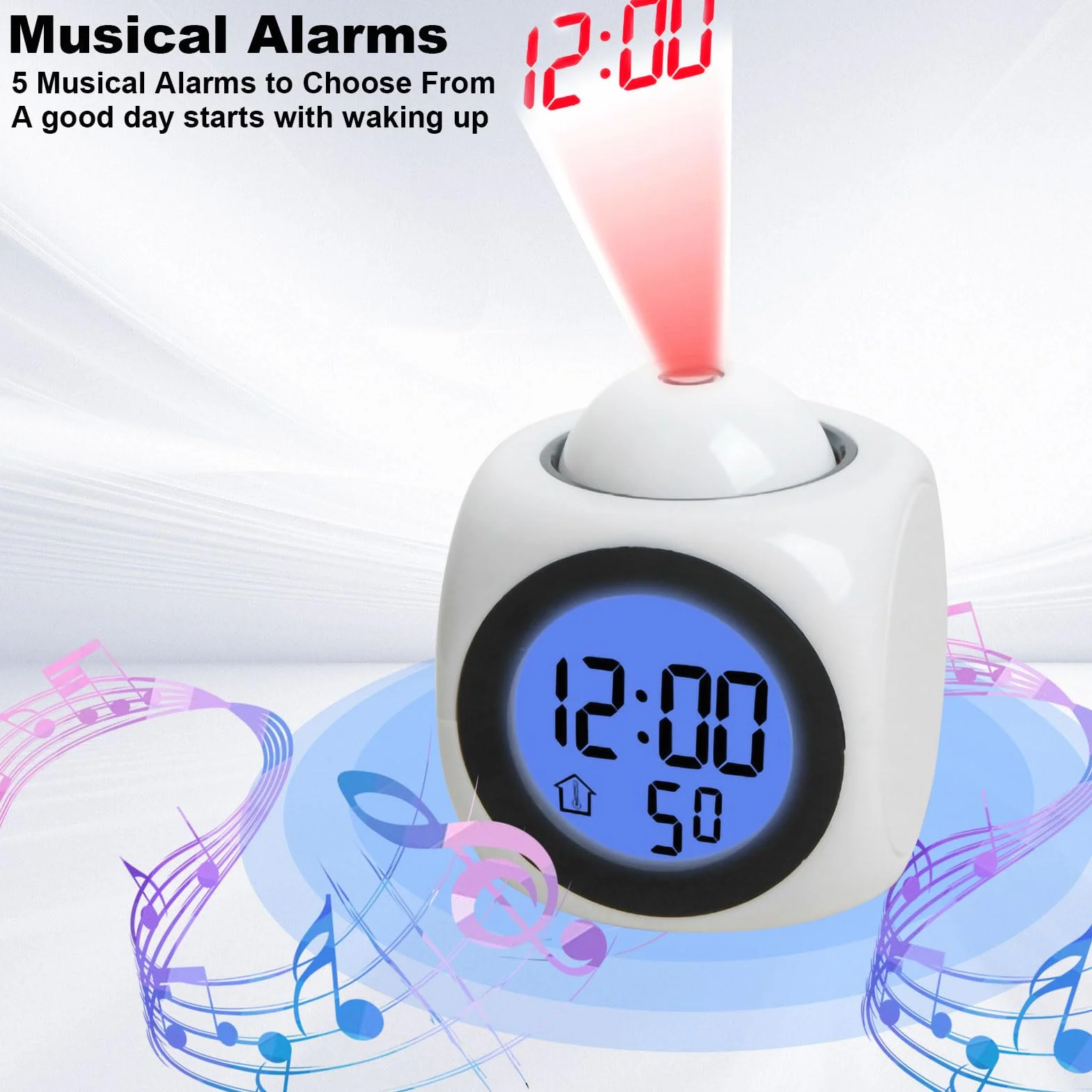 Réveil à Projection Plafond Heure Numérique, Horloge de Table Projecteur Multifonction LED USB Fonction Vocale Blanc