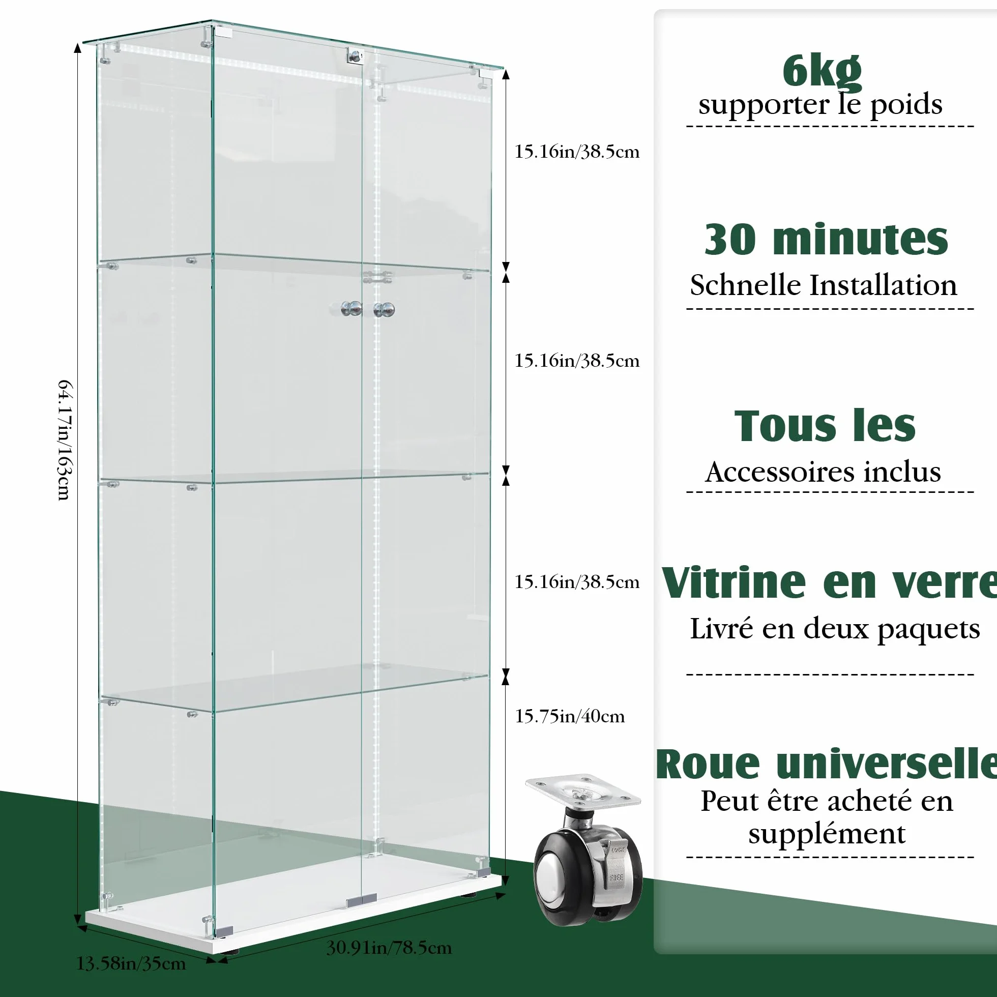 Vitrine en Verre à 2 Portes avec LED, Armoire de Présentation Moderne avec Serrure, Étagères de Rangement, Meuble Vitrine pour Salon, Chambre ou Bureau (Blanc L, 4 étages)