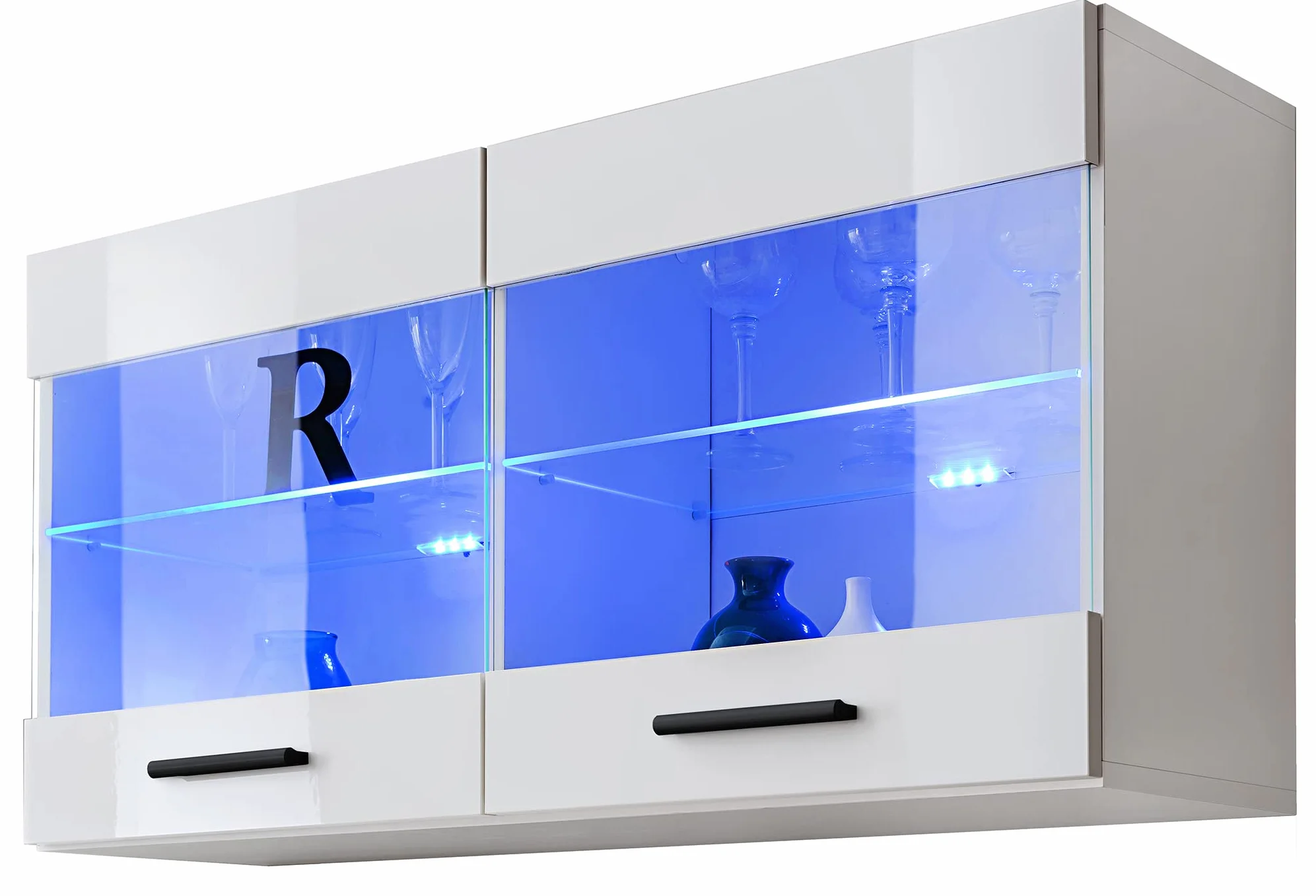 Komodee, Vitrine Armoire Savona, Blanc Blanc, Largeur 100 cm x Hauteur 50 cm x Profondeur 30 cm, LED Bleues, 2 étagères, pour Salon, Chambre, Entrée, Cuisine