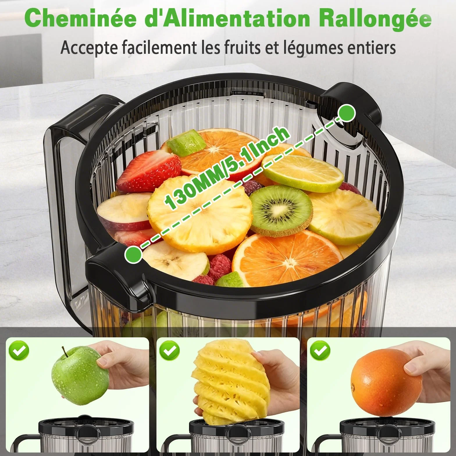 Extracteur de Jus de Fruits et Légumes, Centrifugeuse extracteurs de Jus à Froid, avec Goulotte XXL 130MM et Capacité de 2L, Rendement Élevé de 90%, Inclut Brosse de Nettoyage
