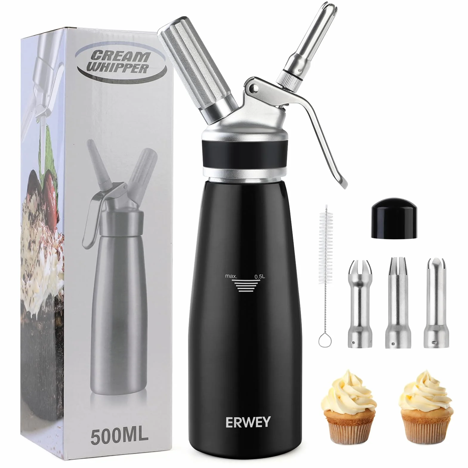 ERWEY Siphon Chantilly 500ml, Siphon à Chantilly en Aluminium, Siphons de Cuisine avec 3 Douilles et 1 Brosse de Nettoyage, Siphon de Chantilly pour Décoration Patisserie et Desserts (Noir)
