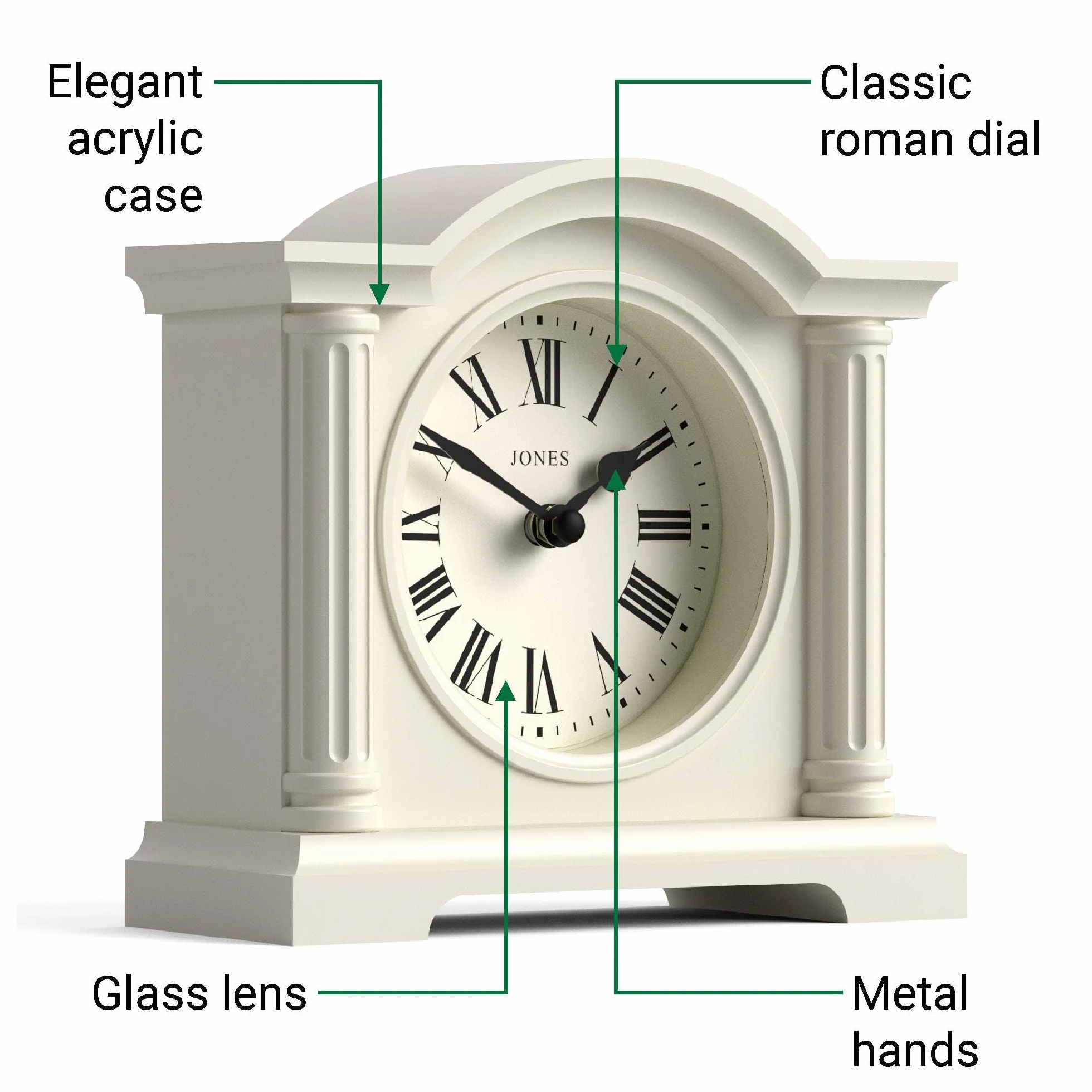 JONES CLOCKS Kensington Horloge de Cheminée Petite Horloge Classique en Arc Crème pâle