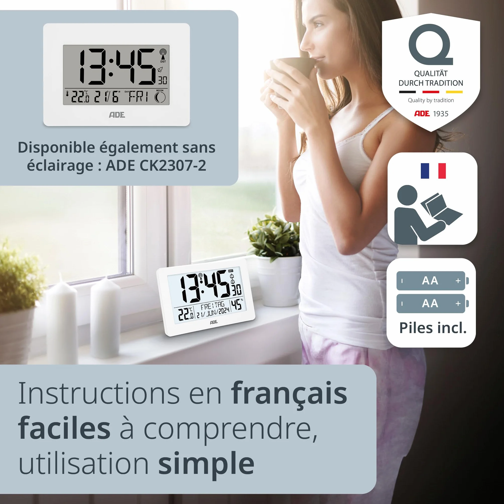 ADE Horloge Radio Pilotée Murale Grands Chiffres Calendrier Thermomètre Hygromètre Réveil Station Météo Piles Blanc