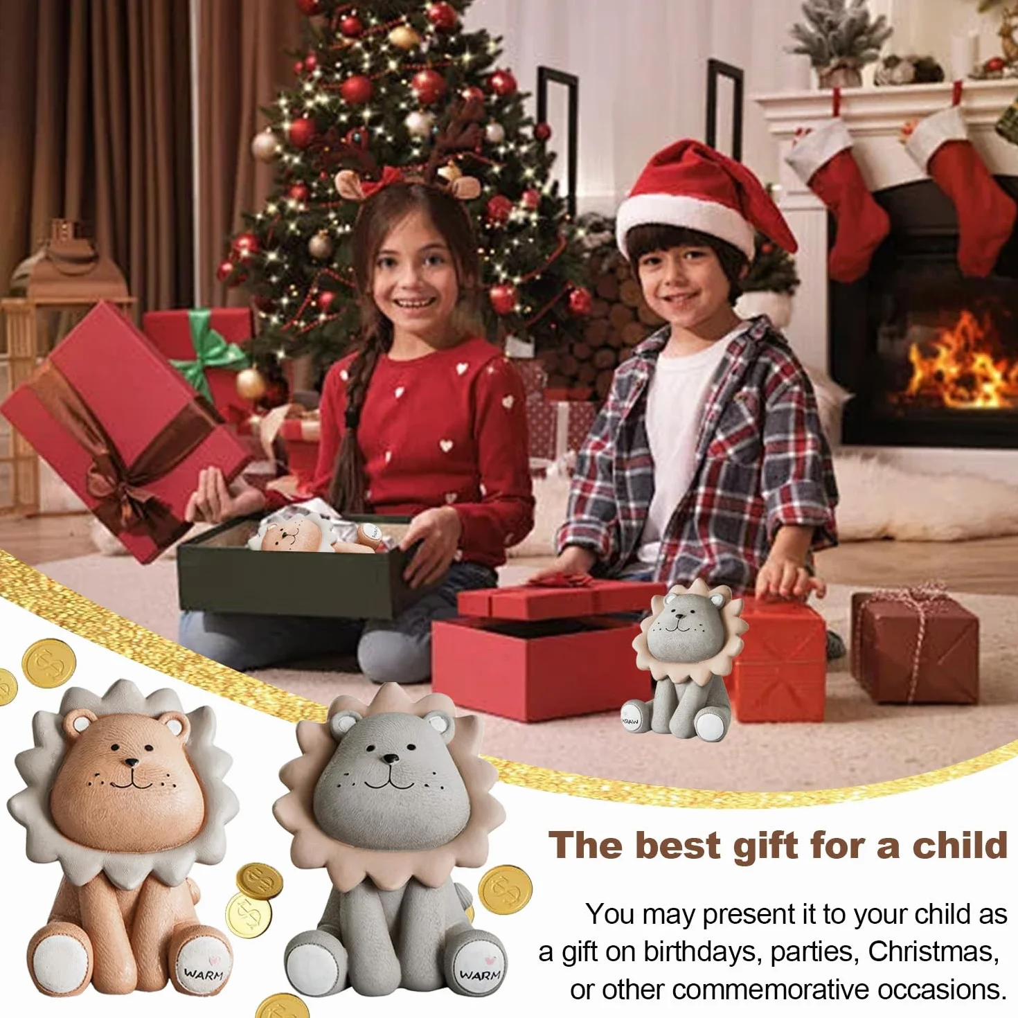 Lion Résine Grise Incassable Tirelire Cadeau Anniversaire Enfants