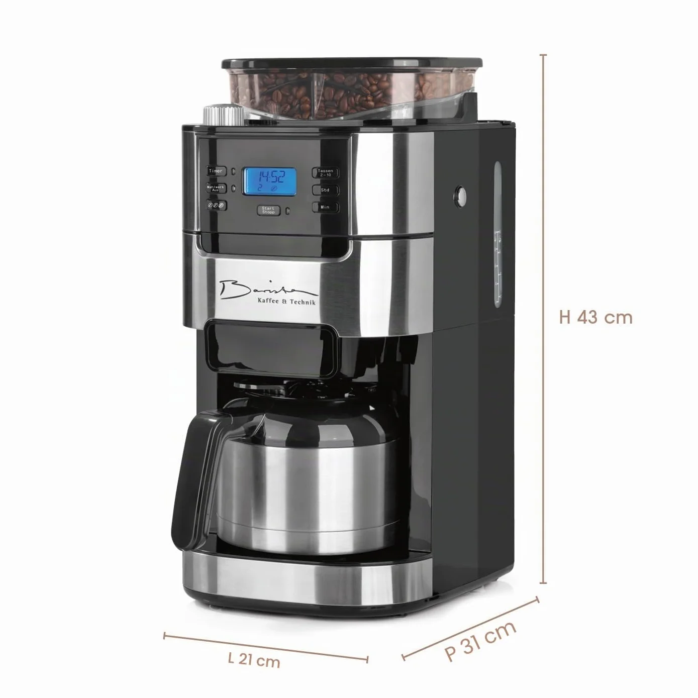 Barista Cafetière Filtre avec verseuse Isotherme 1L pur 12 tasses de café, Machine a cafe grain avec broyeur et écran digital, Fonction de minuterie