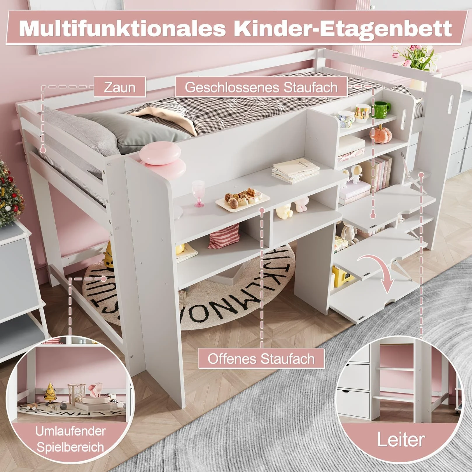 Lit Enfants Mi Hauteur 90x200,Lit Mezzanine 1 Place avec 3 Armoires,étagères Ouvertes,Haute Barrière,Sommier à Lattes Robuste,pour Enfants (A-Blanc)