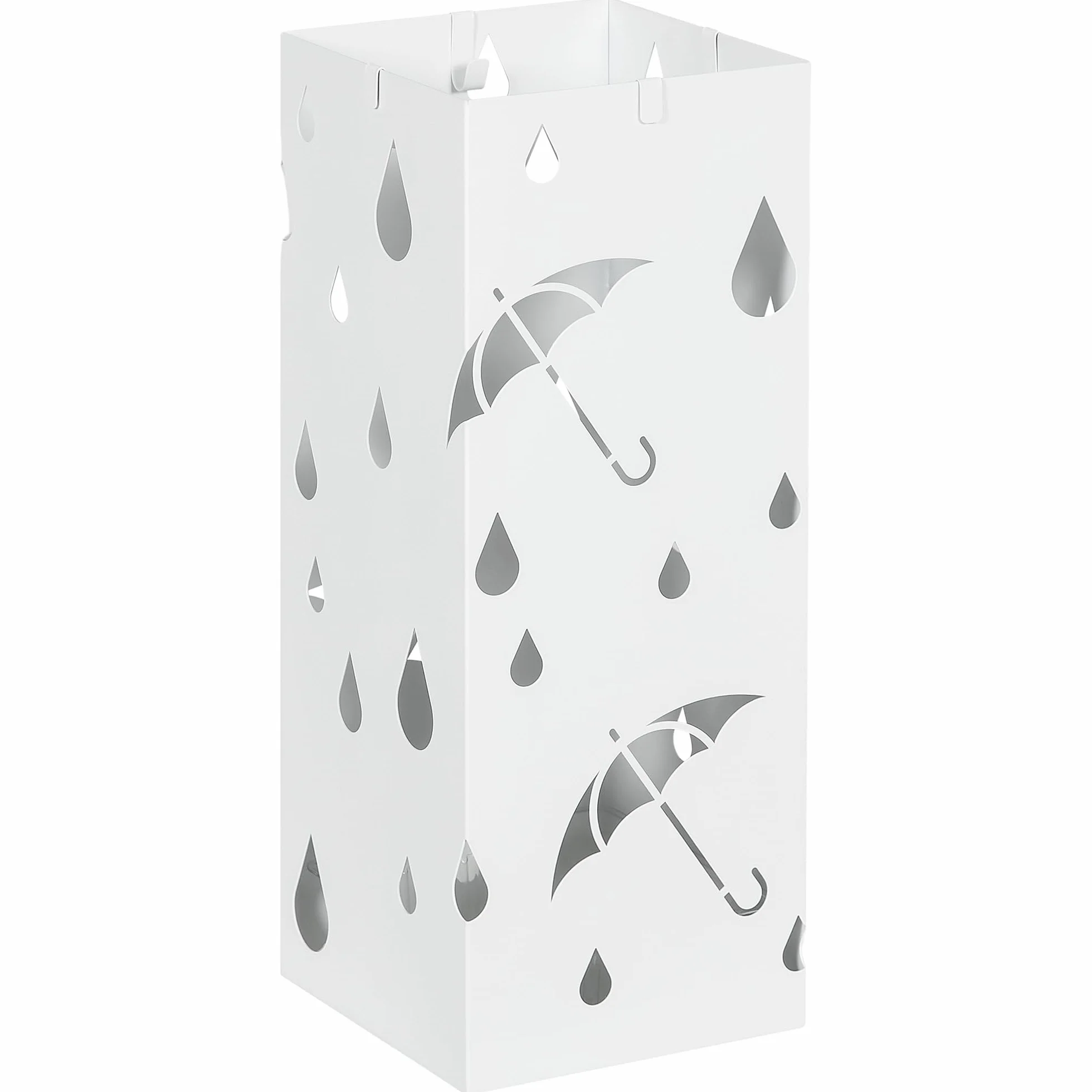 HOMCOM Porte-parapluie en acier carré 4 crochets bac récupération eau amovible 15,5x15,5x41 cm blanc
