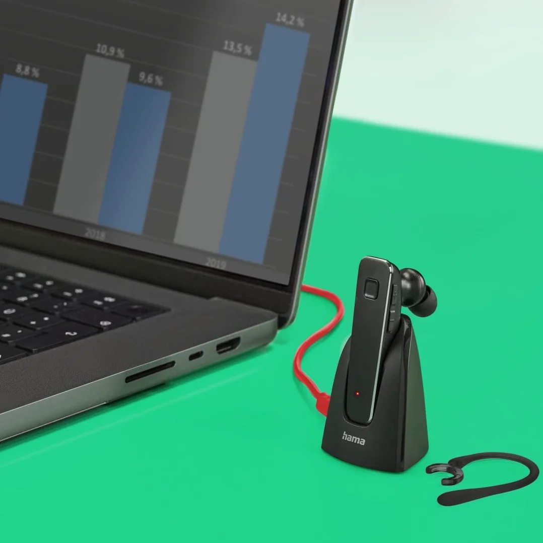 Hama Zestaw słuchawkowy Bluetooth "MyVoice2100", One-Ear (Mono Headset Bluetooth 5.0, akumulator 80 h, bezprzewodowy zestaw słuchawkowy do 2 urządzeń, pałąk na ucho S/L, idealny dla osób noszących