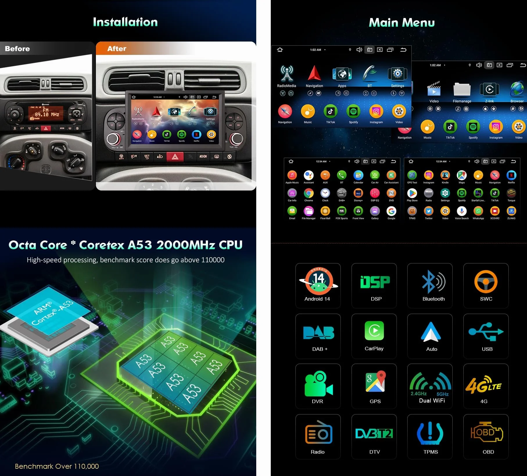 erisin 8-rdzeniowy system Android 14 radio samochodowe Bluetooth 5.0 nawigacja do FIAT Panda IPS ekran dotykowy bezprzewodowy Carplay DSP WiFi Dab+ SWC Canbus Radio GPS Navi DVR OBD2
