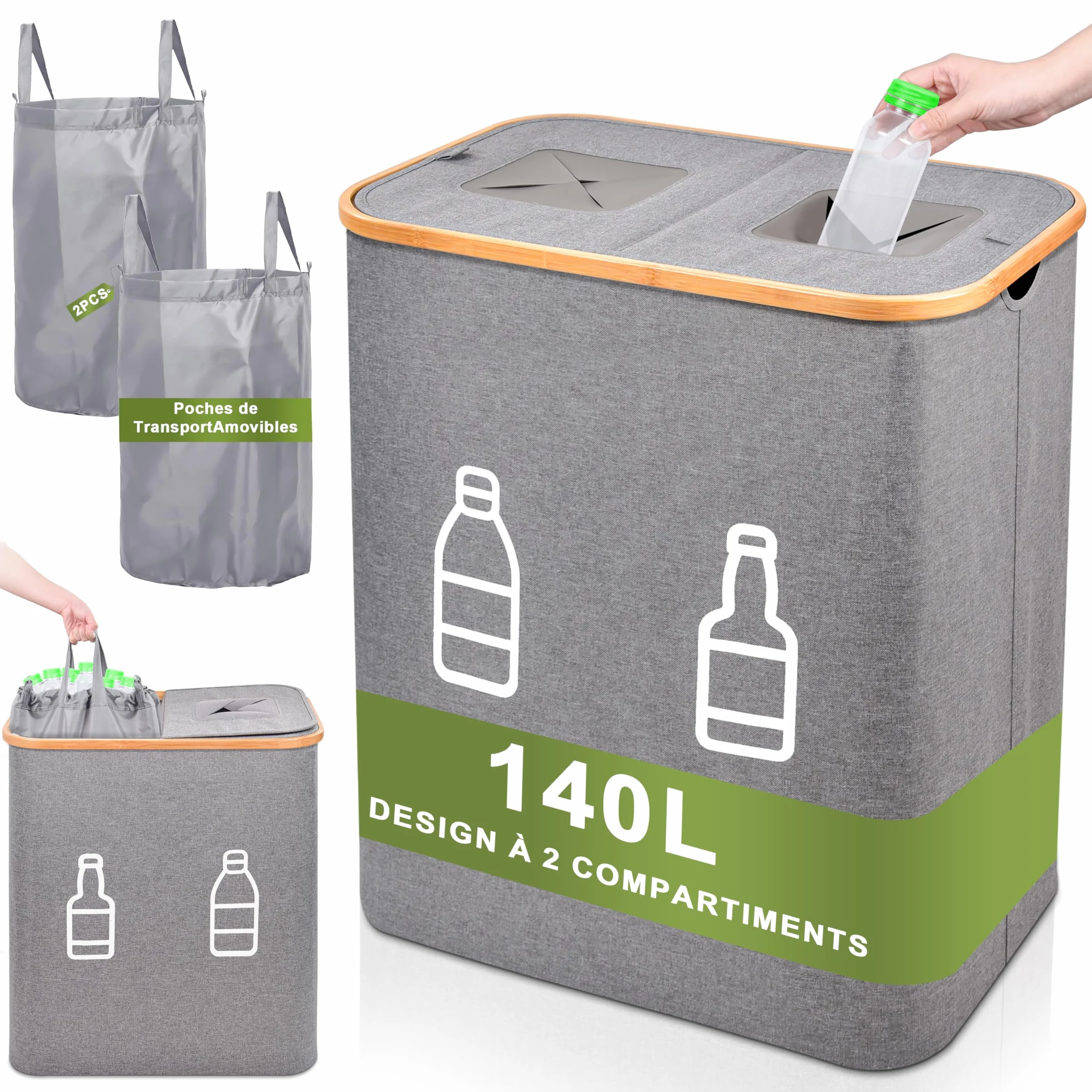 IEEILULU Bouteille consignée 140 L 2 compartiments avec couvercle collecteur poubelle cuisine gris