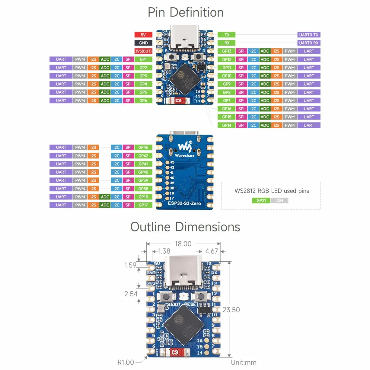 Waveshare ESP32-S3 Mini Development Board 2pcs Dual-Core 240MHz 2.4GHz Wi-Fi