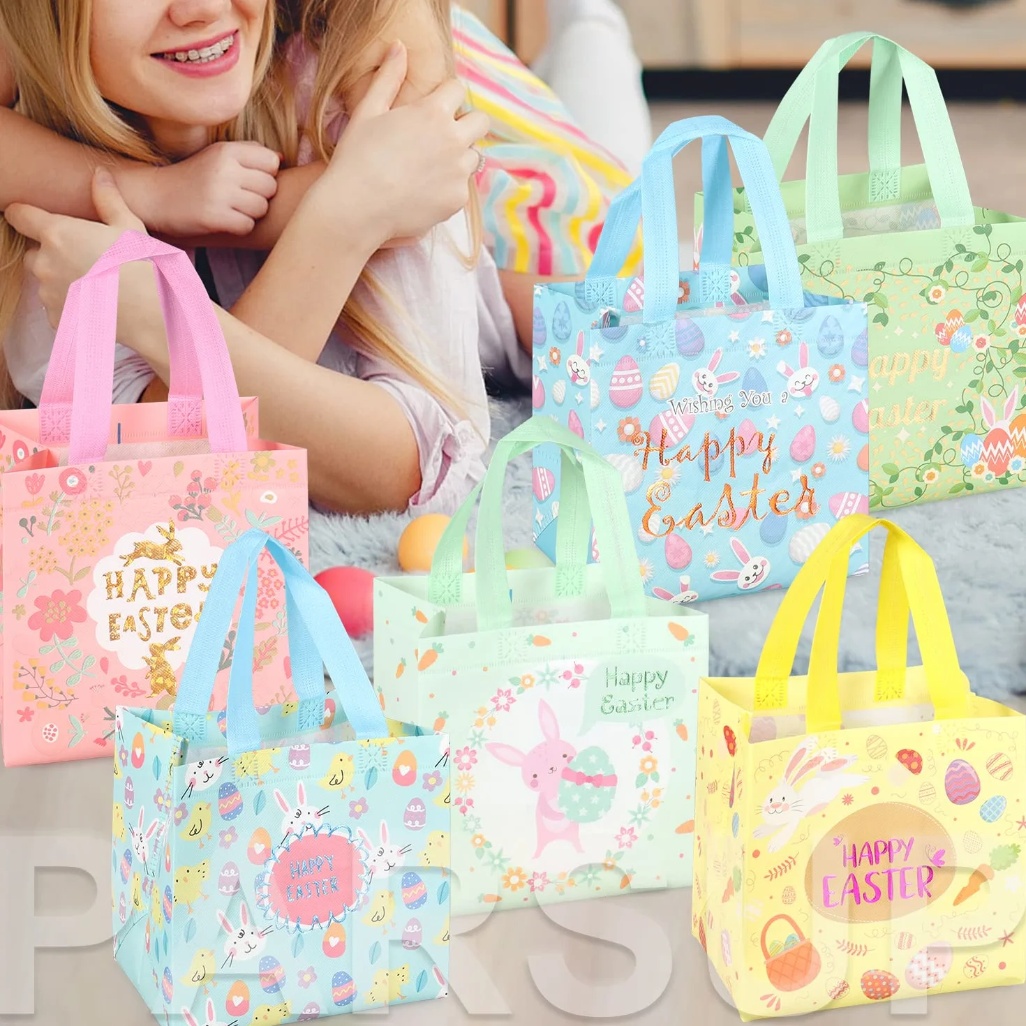 Sacs de Pâques non tissés avec poignées pour chasse aux œufs et emballage de cadeaux 21×20×15cm lot de 6