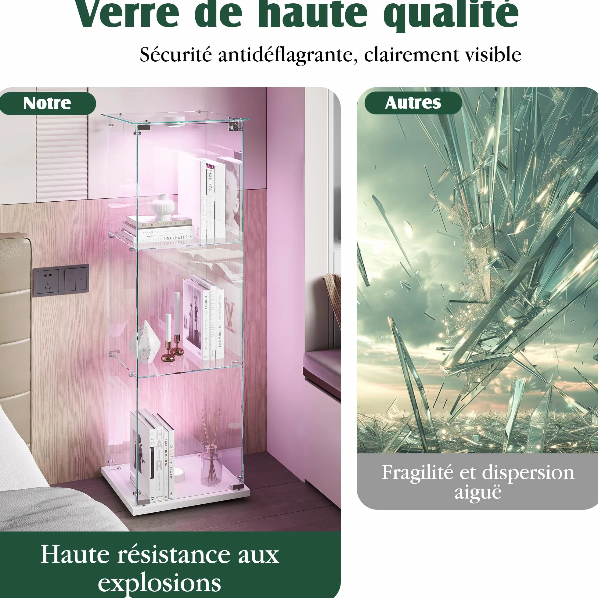 Vitrine en verre avec 1 porte et éclairage LED, 3 étagères, pour salon, bureau, chambre à coucher, 40 x 35 x 123 cm, facile à assembler, blanc