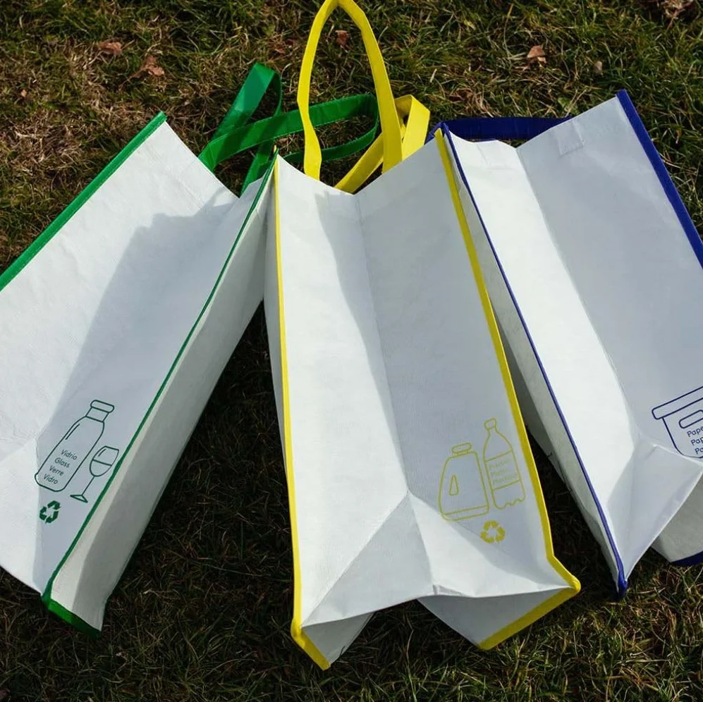 Sacs de recyclage 23L Lot de 3 Bleu Vert Jaune Rubans Poignées Durables Plastique Verre Papier Carton