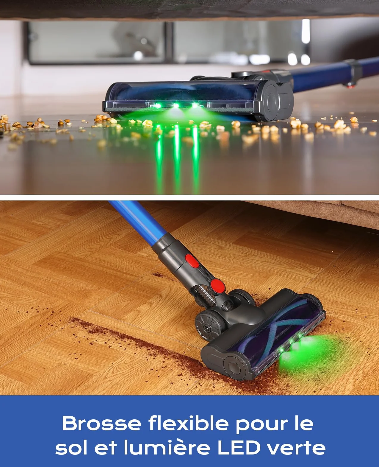 Aspirateur Balai sans Fil, 50Mins/40KPA/450W Aspirateur sans Fil, Aspirateur Balai avec LED Verte, Aspirateur avec Brosse à Plancher Améliorée, pour Tapis, Sols Durs, Poils d'animaux, Bleu