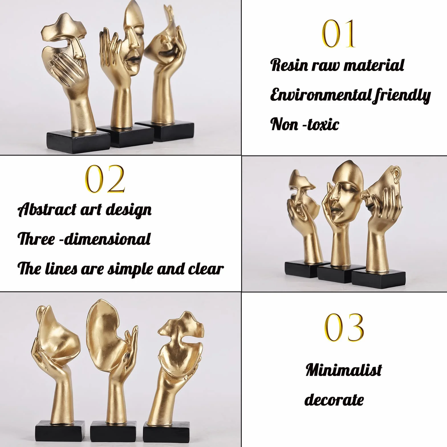 Lot de 3 Statues de Penseur, Sculpture Abstraite Dorée et Noire, Décoration Bureau, Cadeau Noël Nouvel An