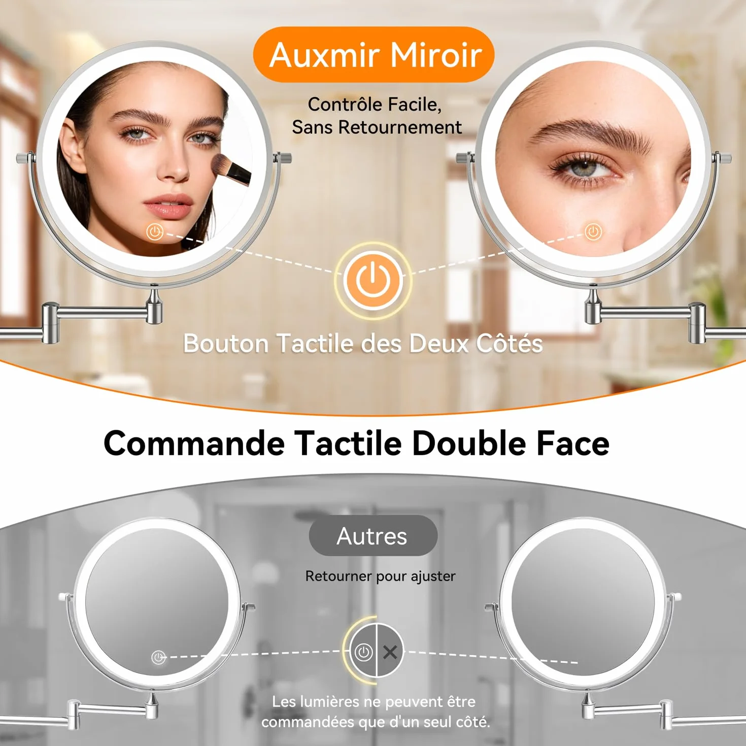 Auxmir Miroir Grossissant Mural 1X/30X, 3200mAh, 3 Modes Couleur, 360° Pivotant Extensible