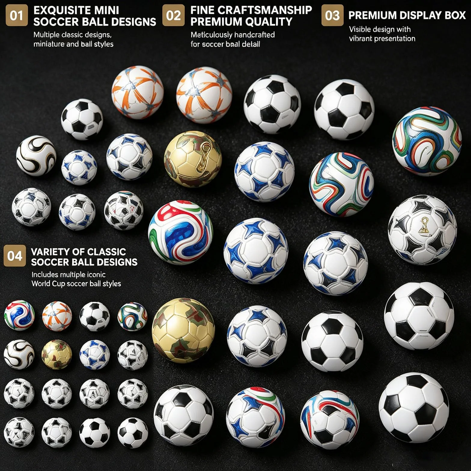 Collection Mini-Ballons de Football Figurines Artisanales 1970-2026 Répliques Tournois