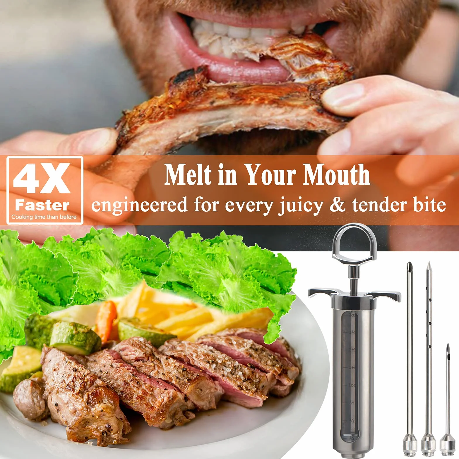 DePango Seringue Alimentaire Injecteur de Marinade 60ml Inox 3 Aiguilles à Viande pour BBQ Steak Poulet