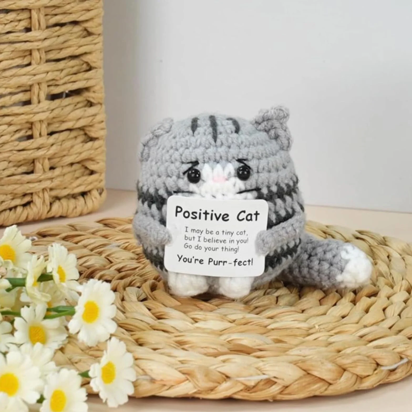 Lilbitty Kleine gehäkelte Positive Katze – Poupée tricotée Faite à la Main avec Carte, Cadeau motivant au Crochet