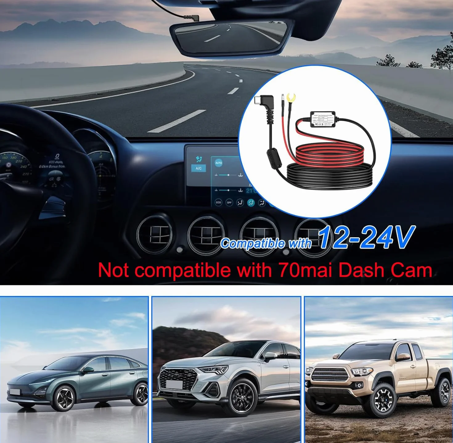 XMSJSIY Zestaw do kamery samochodowej Hardwire Adapter USB typu C Micro/Mini USB Hardwire Kit Car Dash Cam ładowarka przewód zasilający 12 V-24 V do 5 V z 4 kablami bezpiecznikowymi i narzędziem do