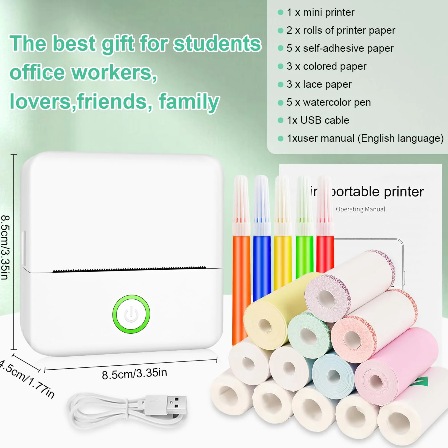 GuKKK Mini drukarka, mobilna drukarka fotograficzna, przenośna, bezprzewodowa drukarka termiczna, 13 rolek papieru do drukarki i 5 kredek, smartfon Bluetooth, do listy, dziennika