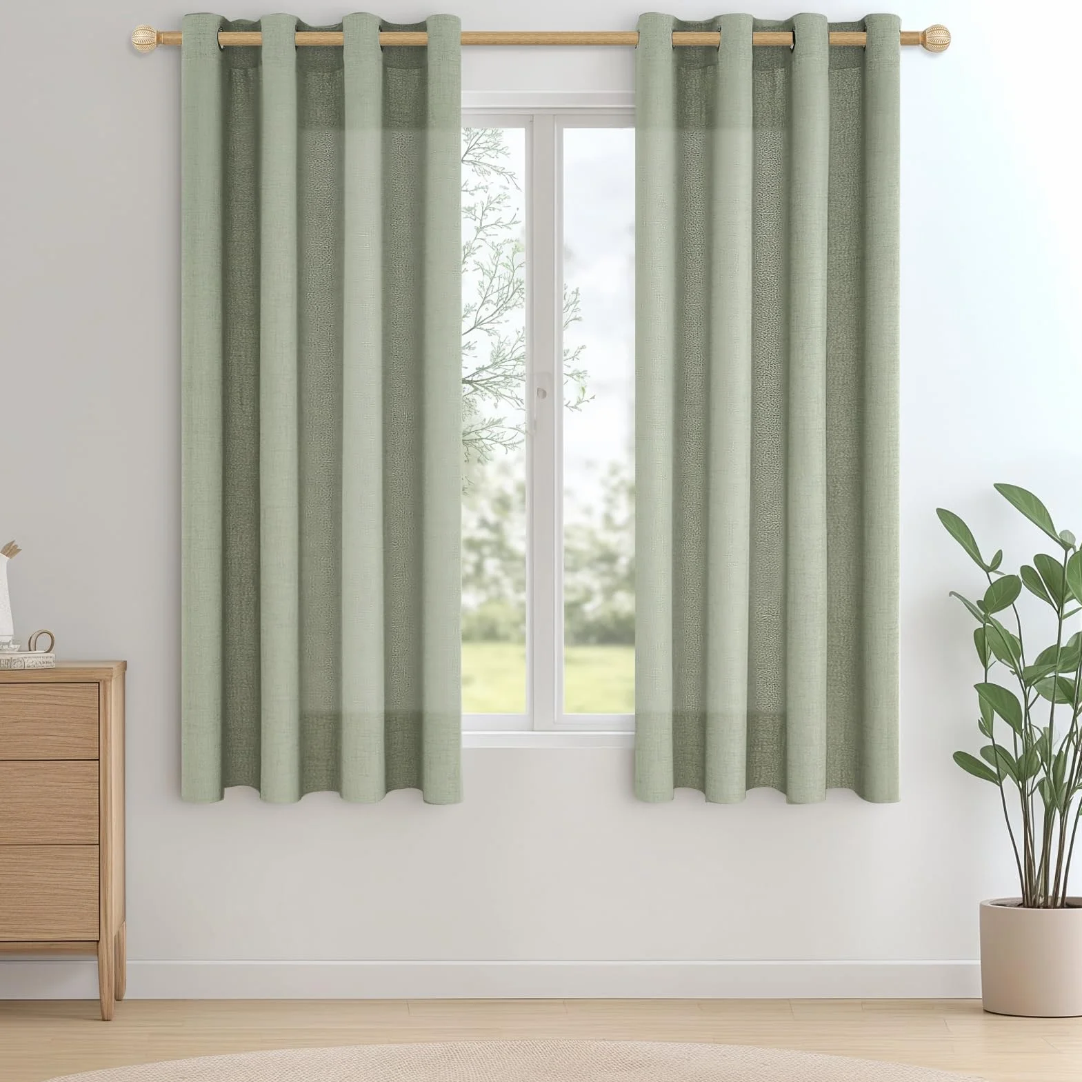 CUTEWIND Rideaux Voilage en Lin Vert Sauge Courts 140x145 CM, Rideau Voilage Fenetre Baie Vitrée Translucide à Oeillets, Rideau Voile Effet Lin pour Salon Chambre Cuisine, 2 Pièces