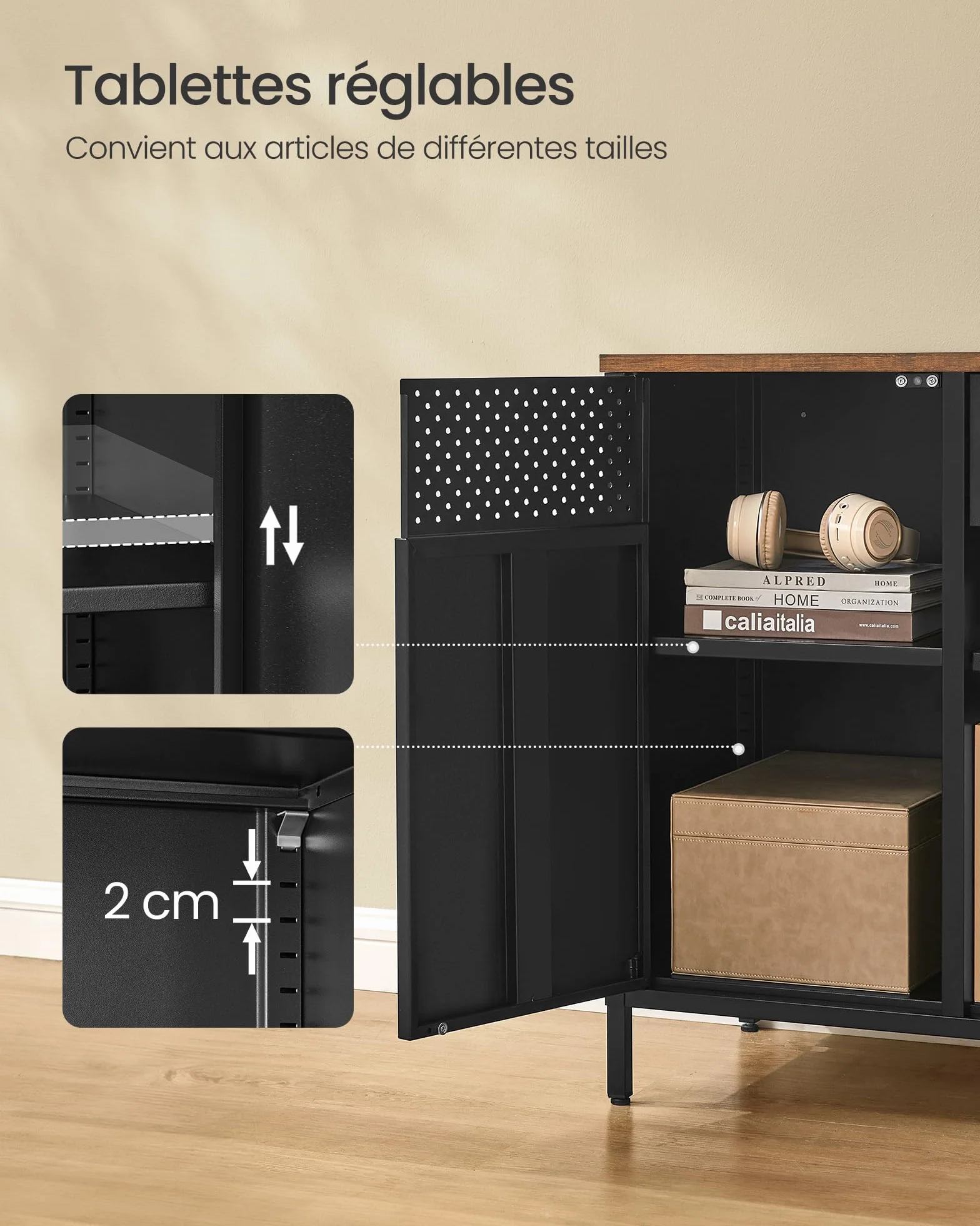 SONGMICS Meuble de Rangement, Buffet, Meuble en Métal, Placard à Double Portes, Fermeture Magnétique, Étagères Réglables, Cadre en Acier, Marron Rustique et Noir Mat LSC204B01