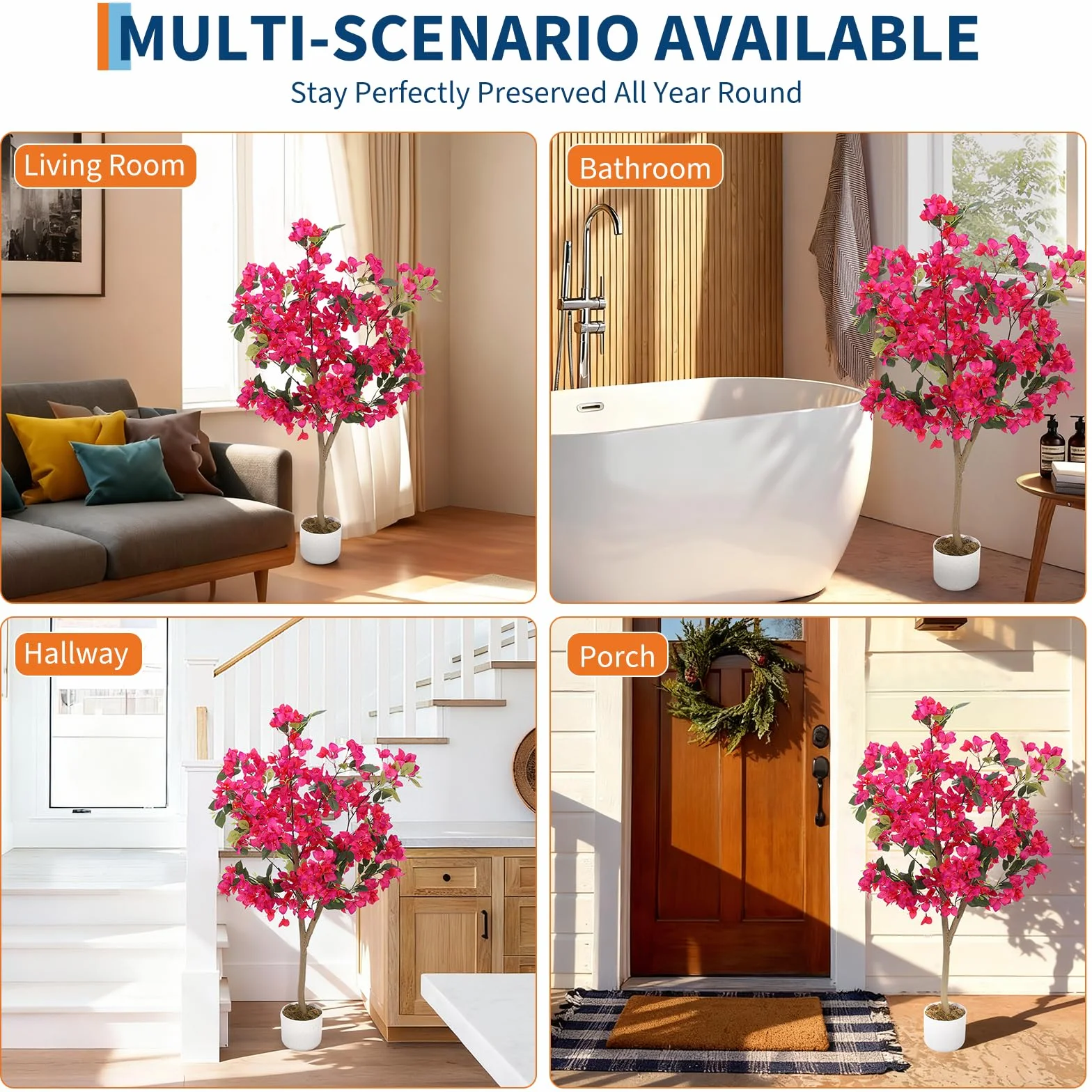 GarveeHome Bougainvillier Artificiel 100 cm/120 cm/150 cm avec Tronc Naturel - Fleurs triplées Roses, Plante Artificielle réaliste en Pot pour Jardin, Balcon et Appartement