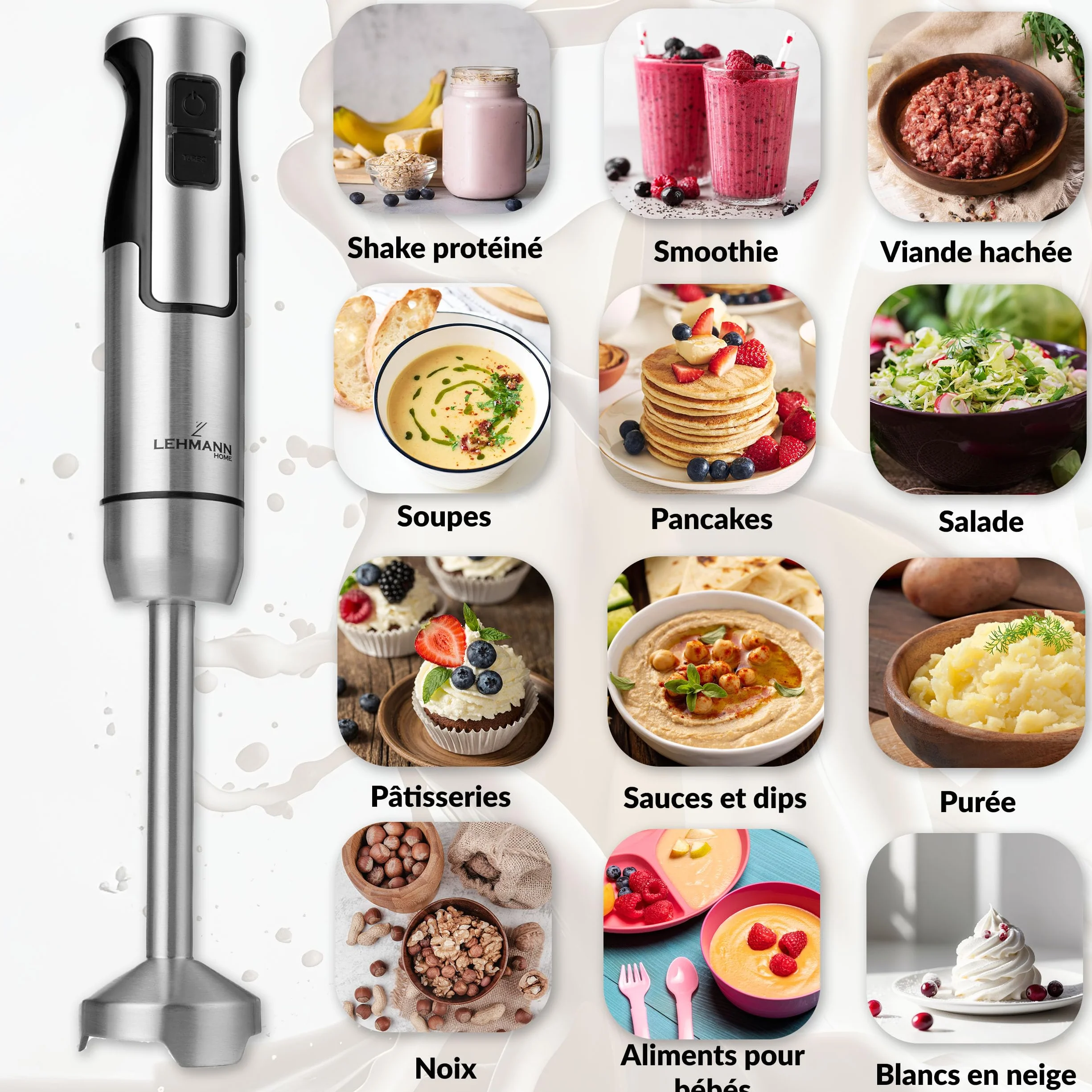 LEHMANN Chowmei 5-en-1 Mixeur Plongeant 1200 W, Réglage de vitesse à 8 niveaux, Fonction Turbo, Mixeur Multifonction avec 6 accessoires - Batteur, Fouet, Hachoir 600 ml, Verre Doseur 860 ml