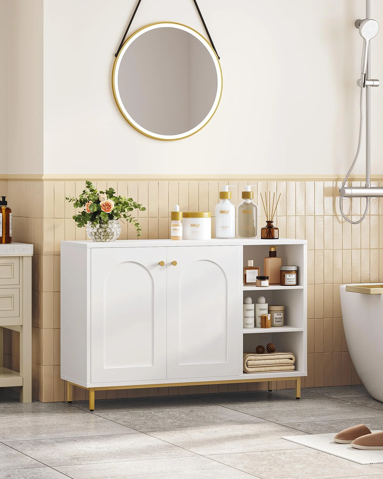Hzuaneri Meuble Salle de Bain, Meuble de Rangement, Armoire Salle de Bain, Placard Rangement avec 2 Portes, Compartiment Ouvert, Salle de Bains, Le Salon 35 x 100 x 75 cm, Blanc-Or SC10203G