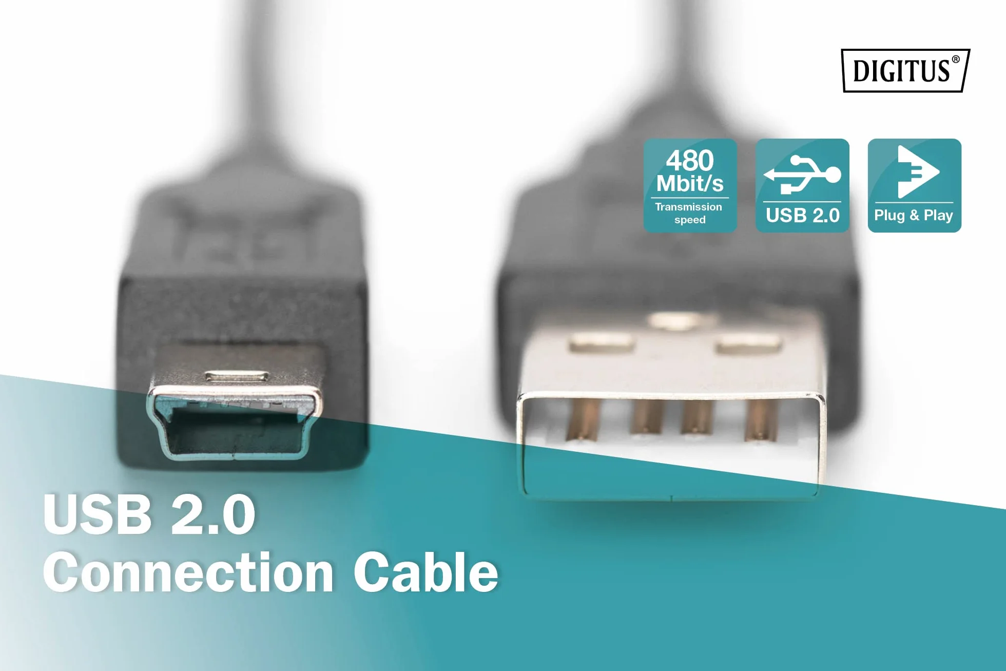 DIGITUS Kabel USB 2.0 – 1 m – USB A do typu Mini B (5 pinów) – 480 Mb/s – Kabel połączeniowy do komputerów stacjonarnych, notebooków, aparatów fotograficznych lub hubów – Polybag – Czarny