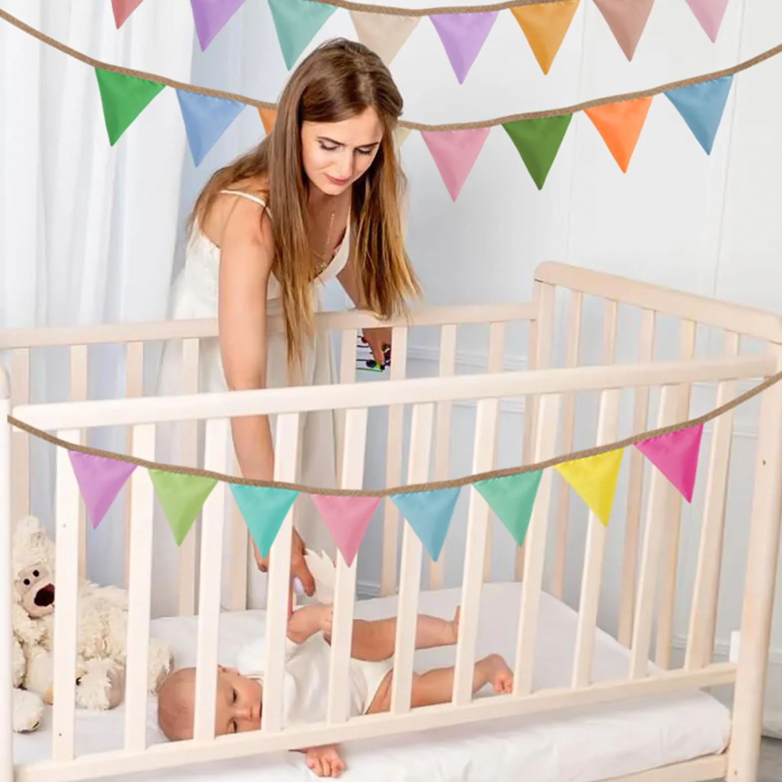 Guirlande de Fanions en Tissu Double Face 2.5m Coton Chambre Enfant Anniversaire Lot de 3