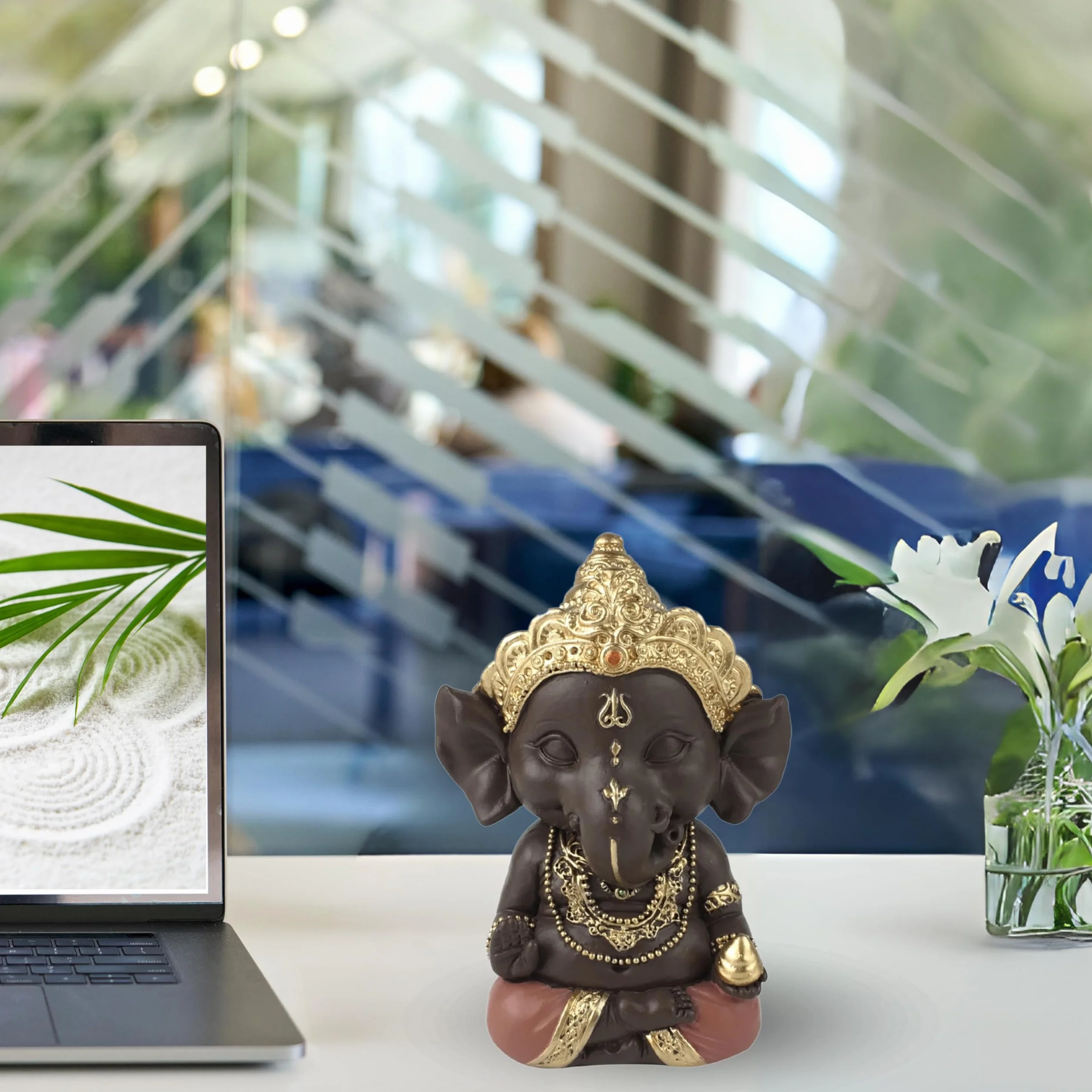 Statuette Ganesh Porte Bonheur Décoration Zen Feng Shui 11,5cm Vert Marron Zen’Light