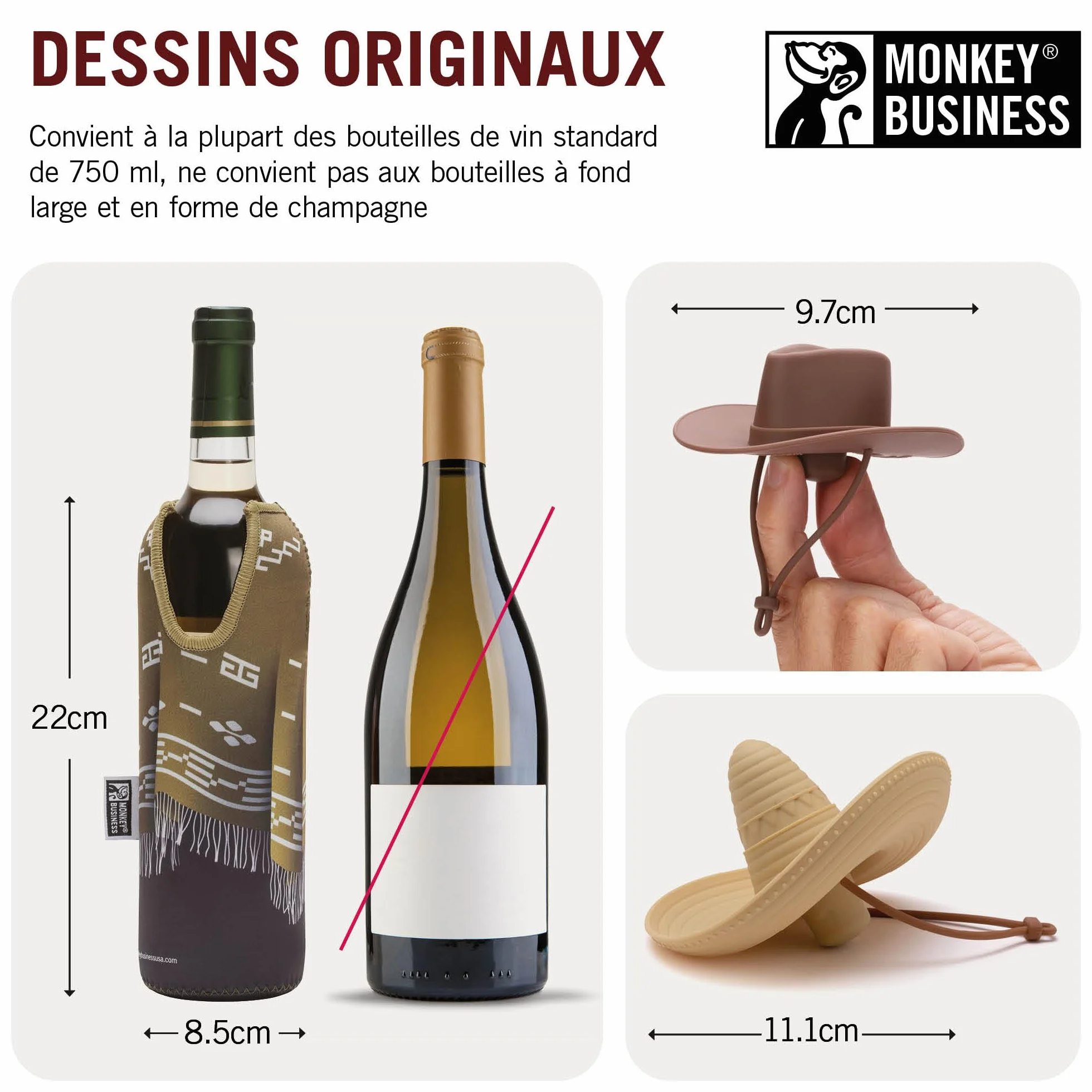 Monkey Business Coffret cadeau pour les amateurs de vin / 2 bouchons de bouteille en silicone et 2 ponchos en néoprène/isolez les bouteilles de vin et ouvrez les bouteilles pour plus tard/Wild